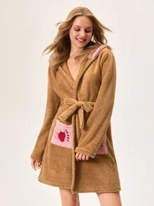Loomlin Strawberry Embroidery 3D Ear Design Hooded Belted Flannel Robe - Multicolor - View 5