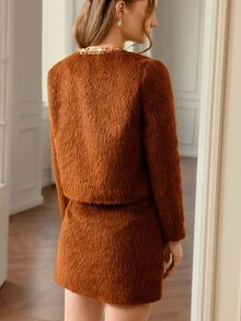 Zanirela 2pcs Women's Set: Wool Blend Knit Top With Sequin Trim Paired With A-Line Midi Skirt, Fashionable European Style - Coffee Brown - View 2