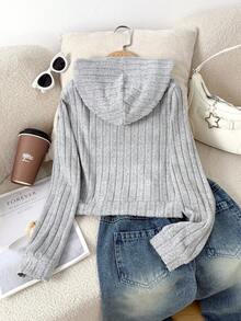 Tween Girls ME 宽松休闲罗纹纹理短款长袖连帽夹克，配有大口袋，适合日常通勤、休闲、度假、聚会、街头风格、秋冬 - 灰色 - 查看 2