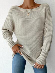 EURMUSE Solid Boat Neck Batwing Sleeve Sweater - Beige - View 3