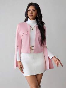 Chiquease Islaluna 女士优雅粉色长袖前开褶金色纽扣时尚休闲商务西装外套，适合秋冬季 - 粉色 - 查看 3