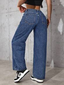 SHEIN PETITE Pantalones vaqueros casuales y versátiles de pierna ancha y bolsillos para mujer - Azul lavado oscuro - Ver 2