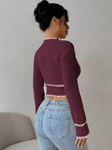 EMERY ROSE 女式落肩长袖单排扣短款休闲针织开衫，秋季 - 酒紅色 - 查看 2