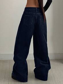 CasuGlow 女式低腰口袋阔腿宽松休闲百搭牛仔裤 - 深色水洗藍 - 查看 2