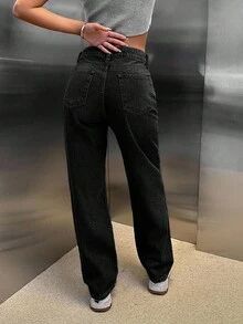 SHEIN Tall Quần jean cạp cao không đối xứng cắt thẳng 100% cotton - Màu xám đen - Xem 2