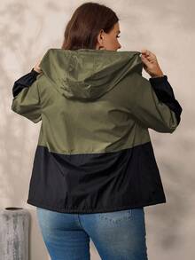 EMERY ROSE Giacca casual con cappuccio, chiusura lampo e coulisse, con patchwork a contrasto di colore, per taglie forti