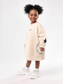 SUMWON Young Girl Star Print Long Sleeve Cozy Casual Sweatshirt Dress Autumn Winter Fashion Streetwear School - Apricot - View 1