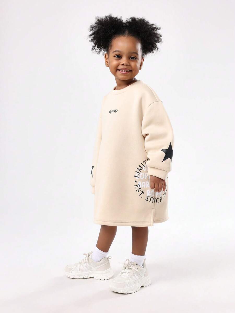 SUMWON Young Girl Star Print Long Sleeve Cozy Casual Sweatshirt Dress Autumn Winter Fashion Streetwear School - Apricot - View 1