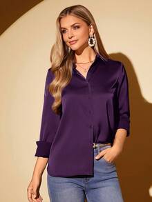 Amorya Women's Elegant Solid Color Acetate Satin Lapel Long Sleeve Shirt Spring Break - Purple - View 4