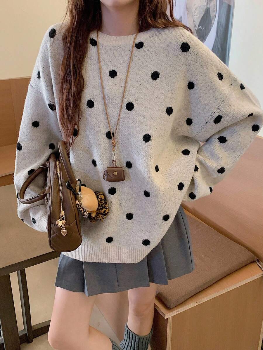 DAZY 女式波点宽松圆领休闲毛衣秋冬 - 卡其色 - 查看 1