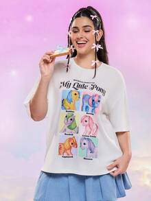 My Little Pony X SHEIN 大码可爱字母和马匹印花短袖T恤，夏季 - 白色 - 查看 5