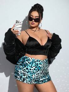 SHEIN ICON Plus Size Shiny Sequin Sexy Leopard Print Super Short Shorts