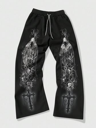 Goth Pantalones casuales de pierna ancha con cordón y estampado de calavera gótico para hombre, otoño