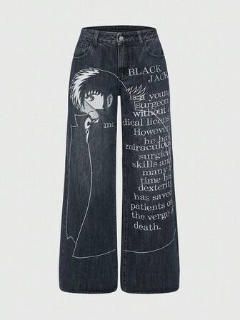 Black Jack X ROMWE Jeans a gamba ampia casual da donna con lavaggio, ritratto e slogan ricamati