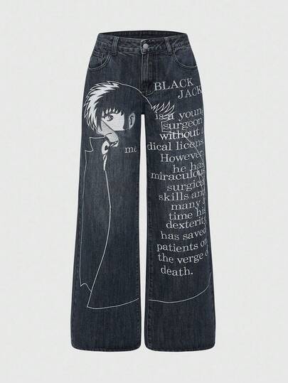 Black Jack X ROMWE Jeans a gamba ampia casual da donna con lavaggio, ritratto e slogan ricamati