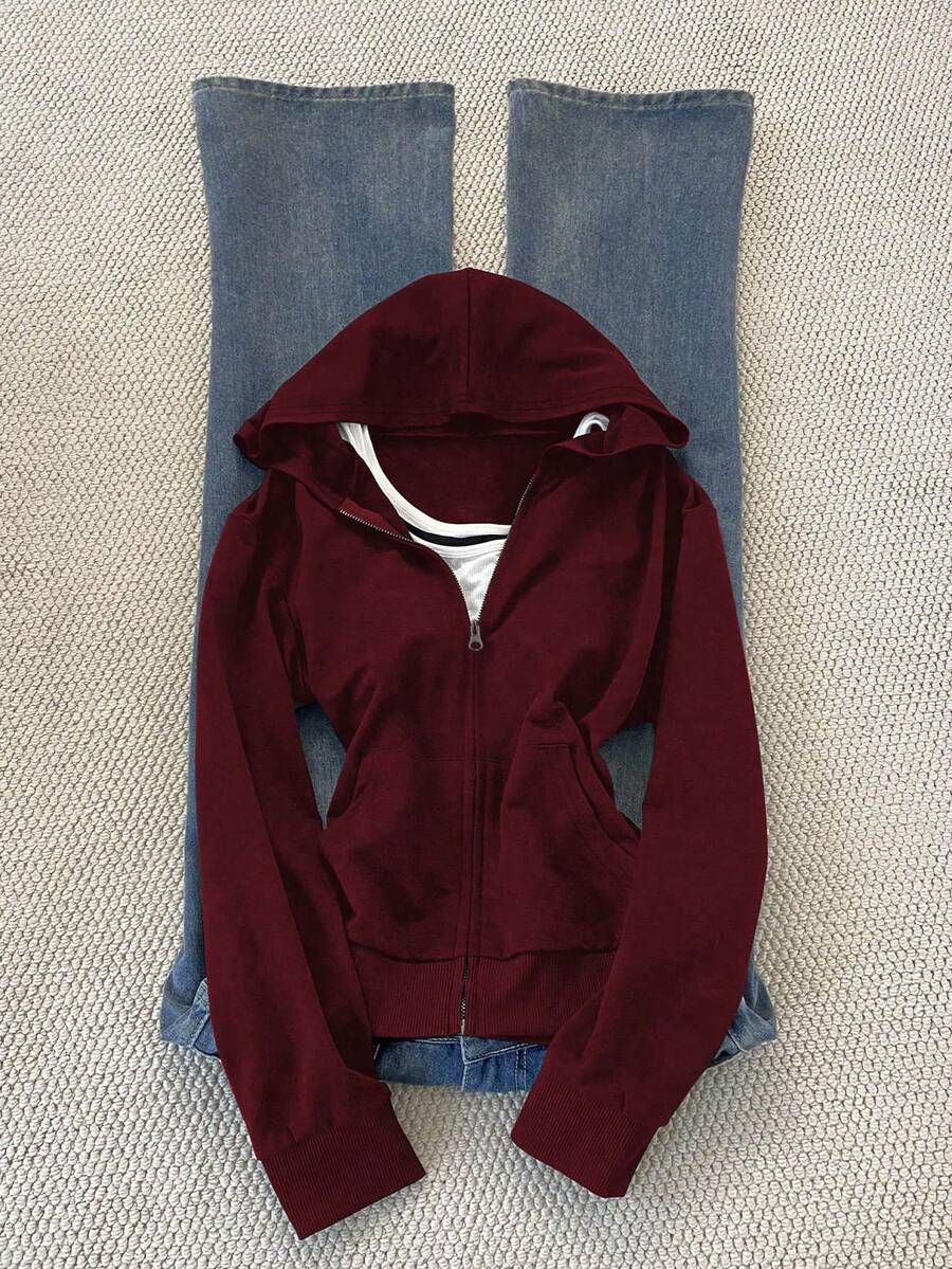 Noixe Women's Solid Color Long Sleeve Zip-Up Casual Hoodie Sweatshirt, Autumn