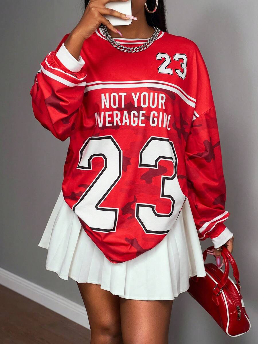 Slaydiva 2025 تي شيرت نسائي فضفاض للغاية بطبعة شعار رقمي 23 وألوان متناقضة، طراز رياضي كاجوال للشارع والمناسبات اليومية والمهرجانات الموسيقية، أكمام طويلة وياقة مستديرة، لون أحمر، مقاس كبير، كوستيوم هالوين، ملابس نسائية للبرانش والخروج - متعدد الألوان - مشاهدة 1