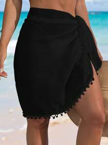 Swim Vcay Beach Vacation: Tassel Pom Pom Boho Style Cover-Up Mini Skirt For Summer - Black - View 3