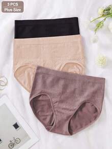 SHEIN 3-Pack Women's Plus Size Tummy Control, Shaping, Hip Lifting, Seamless, Solid Color Ribbed High Elasticity Shaping Triangle Panties - Multicolor - View 8