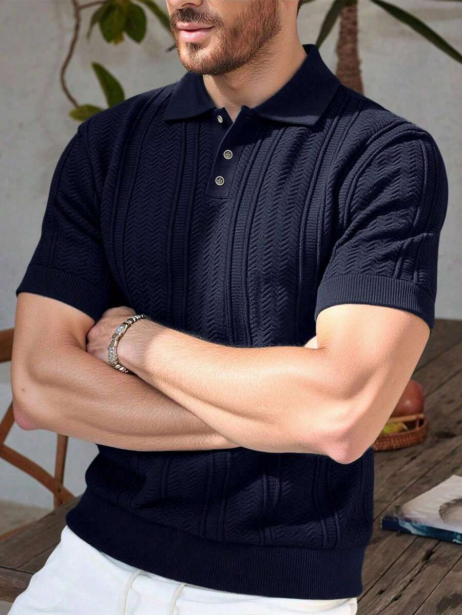 Manfinity Mode Camisa polo de punto de manga corta casual de verano para hombres con estética de "Old Money", camisa polo de punto para hombres - Azul Marino - Ver 1