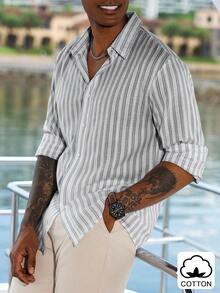 Manfinity Homme 男士修身基本款长袖条纹衬衫，秋季 - 黑與白 - 查看 4