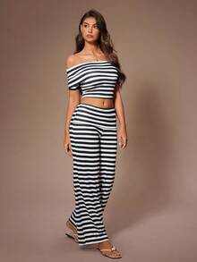 Lazeform Casual Women Ribbed Off-Shoulder Twist Back Pajama Set Women Two Pieces Set Casual Two Pieces Set Co Ord Set Women 2 Pieces Set