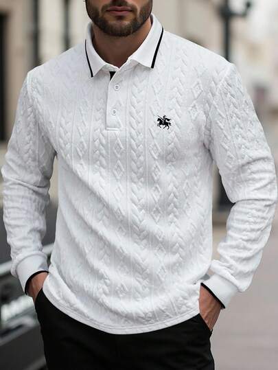 Manfinity CasualCool 1 件休闲男士撞色装饰四分之一纽扣领长袖 Polo 衫，适合春秋季节，适合打高尔夫