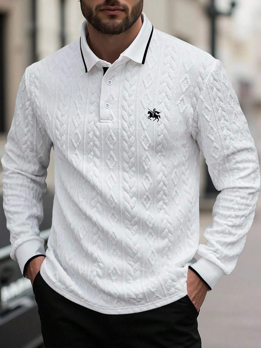 Manfinity CasualCool 1 件休闲男士撞色装饰四分之一纽扣领长袖 Polo 衫，适合春秋季节，适合打高尔夫 - 白色 - 查看 1