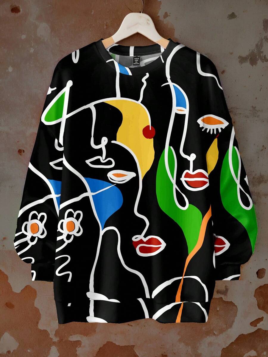 EMERY ROSE 休闲艺术肖像图案宽松圆领大码女式运动衫，适合秋冬季 - 彩色 - 查看 1