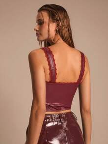 Glamine Women's Solid Color Wide Strap Lace Trim Sleeveless Fitted Camisole - Burgundy - View 2