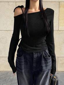 DAZY 女士休闲纯色不对称肩带长袖T恤露肩上衣可爱上衣 - 黑色 - 查看 5