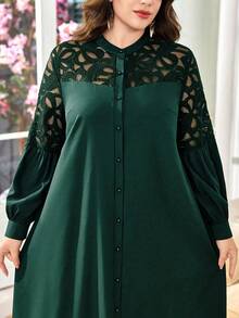 SHEIN Lacomfia فستان نسائي مقاس كبير على الطراز العربي، طوق مندرين وأكمام طويلة، تطريز بالدانتيل والرقعة، فضفاض ومريح، ملابس يومية أنيقة