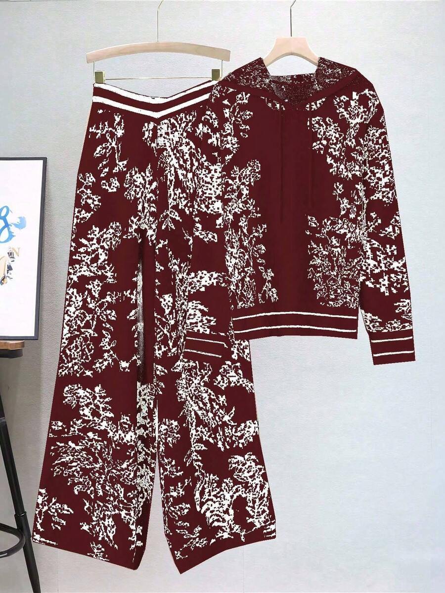 简约纯色印花大码女式两件套毛衣套装，适合万圣节、新年、情人节、感恩节、圣诞节、复活节、庆典、新年前夜 - 酒紅色 - 查看 1