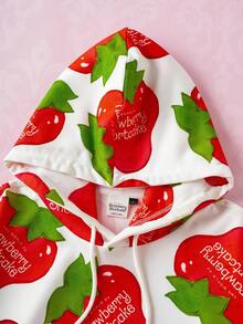 Strawberry Shortcake X SHEIN 男士休闲草莓和卡通图案落肩连帽衫，秋季 - 白色 - 查看 3