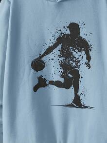 SHEIN 两件套青少年男童休闲篮球运动员印花白色连帽衫和黑色抽绳裤套装，带保暖内衬，适合秋冬季节穿着，保暖舒适，适合运动、上学、居家等各种场合，简约百搭，秋季日常穿着。