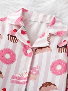 2pcs Baby Girls Soft & Comfortable Flame Retardant Sleepwear Set, Sweet Donut, Cake, Croissant, Cherry All-Over Print, Casual Loose Fit Cardigan & Pants, Autumn/Winter - Pink - View 3