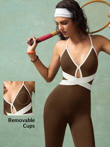 VARSIVA 女式运动休闲健身撞色装饰连体裤 - 棕色 - 查看 10