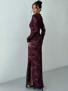 Aloruh Fioletowa, aksamitna sukienka z koronką, głębokim dekoltem w serek i długim rękawem, z wysokim rozcięciem, idealna na imprezę i randkę - Czerwony fiolet - Zobacz 4