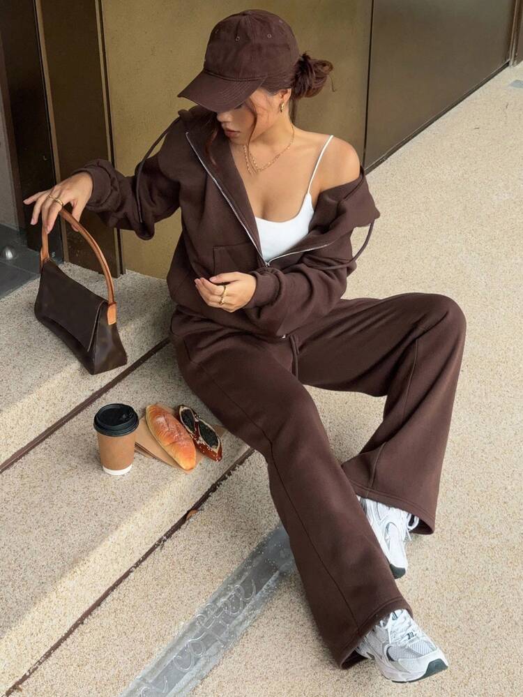 Women's Casual Everyday Commute Simple Solid Color Drop Shoulder Loose Zip-Up Drawstring Hoodie And Wide Leg Sweatpants 2 Pieces Set, Autumn/Winter Tracksuits Women Set Lounge Sets For Women