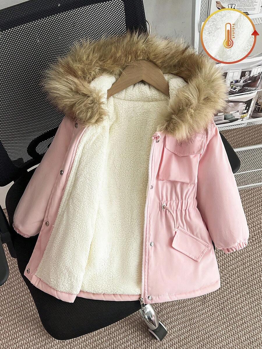 SHEIN Young Girl' Pink Hooded Pocket Jacket With Furry Collar, Slim Fit, Warm & Comfortable, Thermal Lining, Winter - Baby Pink - View 1