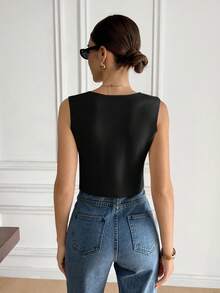 Serisse Casual Commute Solid Color Button Front Knit Vest Black Winter - Black - View 2