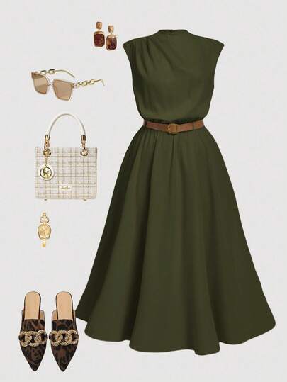 SHEIN MOD Plus Size Women Solid Color Sleeveless Dress, Elegant Office Dress (With Belt) Dress Green Vintage Clothes Olive Dress Elegant Summer Outfits Dress Casual Christmas Outfit