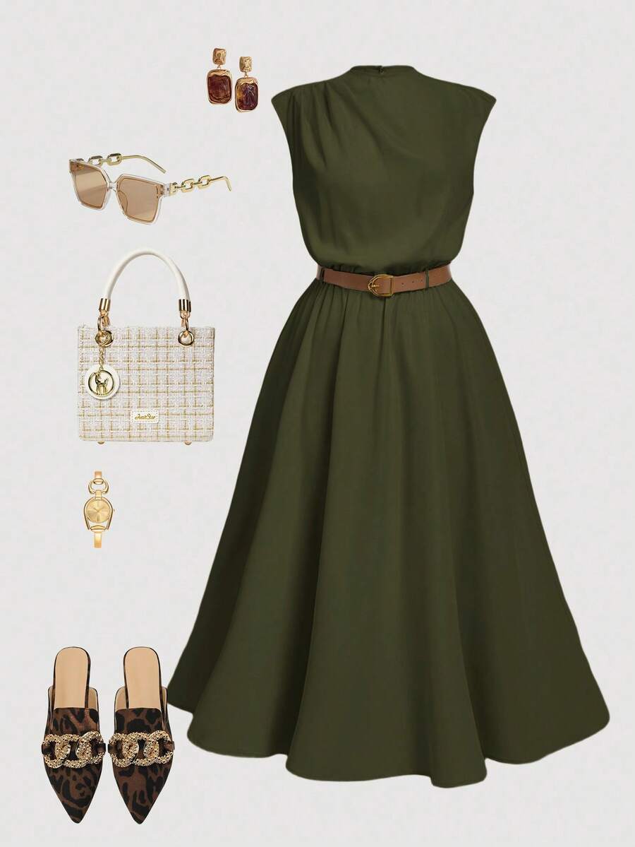 SHEIN MOD Plus Size Women Solid Color Sleeveless Dress, Elegant Office Dress (With Belt) Dress Green Vintage Clothes Olive Dress Elegant Summer Outfits Dress Casual Christmas Outfit - Army Green - View 1