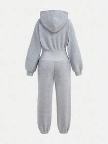 SHEIN 青少年女孩连帽拉链运动衫和高腰保暖内衬裤连体裤，适合秋冬季，刺绣细节，街头风格休闲运动，返校季 - 灰色 - 查看 2