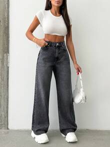 100%Cotton HOGH WAIST STRAIGHT CUT RAW HEM JEAN - Dark Grey - View 4