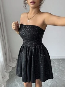 SHEIN Raffinéa New Fashion Elegant Party Style Date Dress Sleeveless Full Skirt Body-Hugging Waist Slimming Black Shiny Sequins Short Party Women's Dress, Elegant Dress For Women,Black Formal Dress For Women , Luxury Dresses ,Chic Dress, Sequin Dress For Women, Christmas Women's Clothing,New Year Clothes,Elegant Dresses For Party,Going Out Outfit ,Graduation Dress For Women,, Prom Dresses