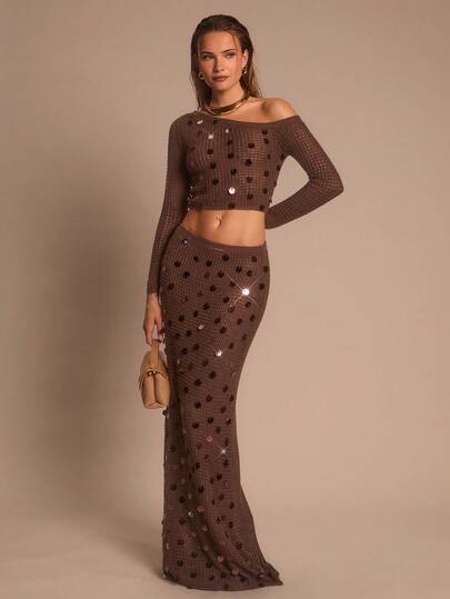Glamine Elegant Autumn New Solid Color Single-Piece Knit Sequin Embellished Fashionable Beach-Style Women's Sweater Skirt (The Placement Of The Sequins Is Random) Brown Two Piece Set Soleia 2 Piece Set Two Piece Long Skirt Set