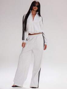 MUSERA 宽松侧条纹拉链运动外套上衣（仅上装）可爱返校休闲运动工作服商务休闲冬季 - 淺灰色 - 查看 5