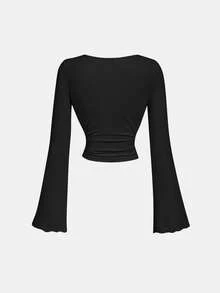 SHEIN MOD Elegant Commuter Flared Sleeve Black T-Shirt,Black Top - Black - View 2