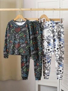 4pcs/Set Tween Boy Knitted Round Neck Long Sleeve Top&Long Pants,Football,Game Console,Cute White Graphic,Holiday Autumn Snug-Fit Loungewear,Snug Fit - Multicolor - View 3